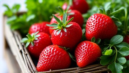 A beautiful arrangement of fresh strawberries and microgreens in a basket.
